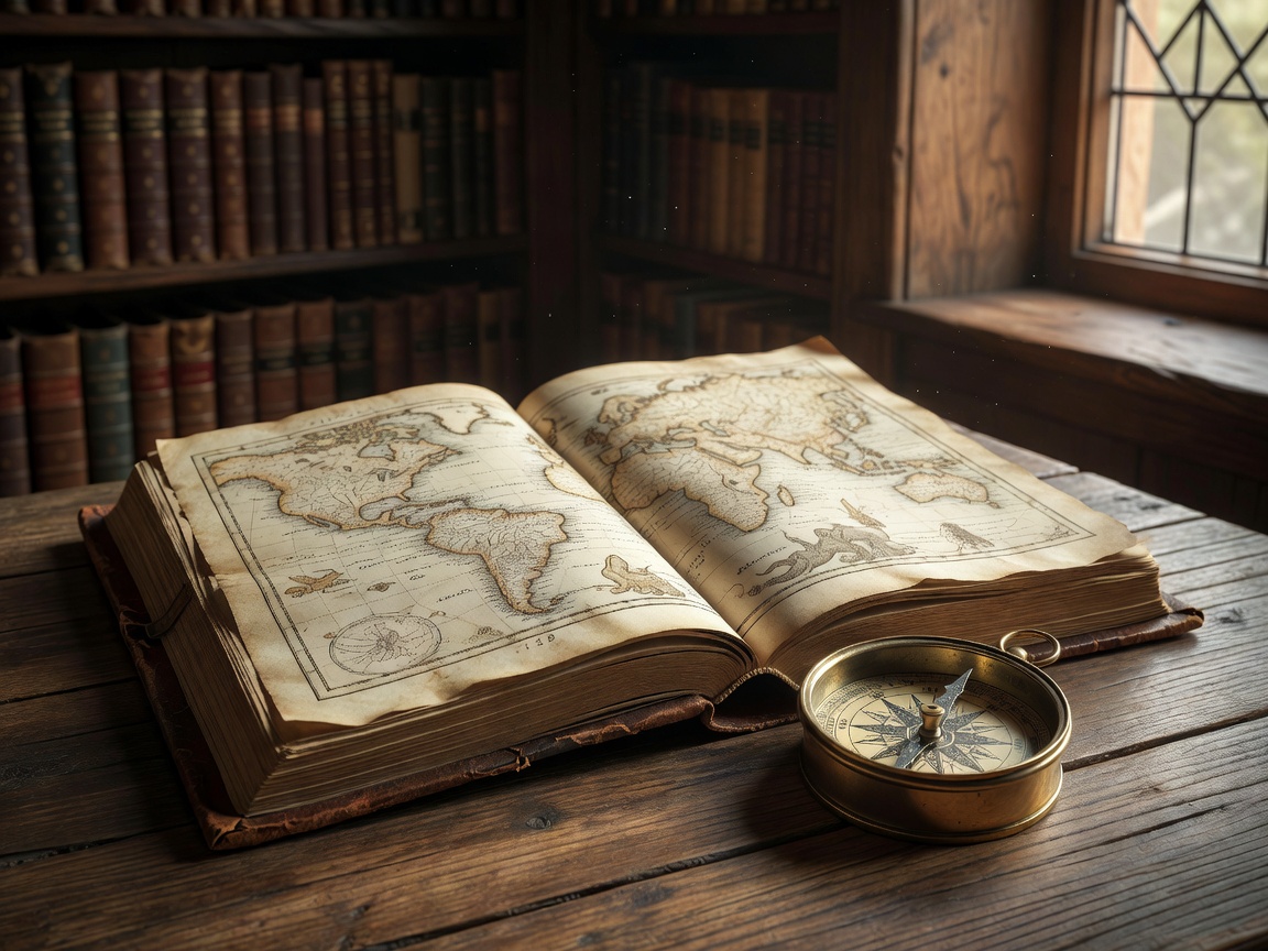 Ancient Book of Maps and Brass Compass