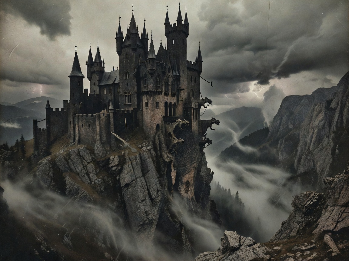 Gothic Castle perched high on rocky cliffs in Transylvania