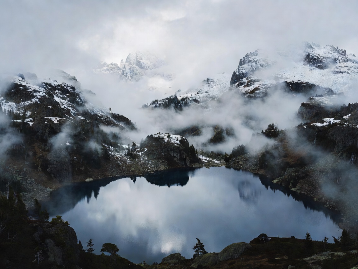 High Altitude Mountain Lake Surrounded by Mist
